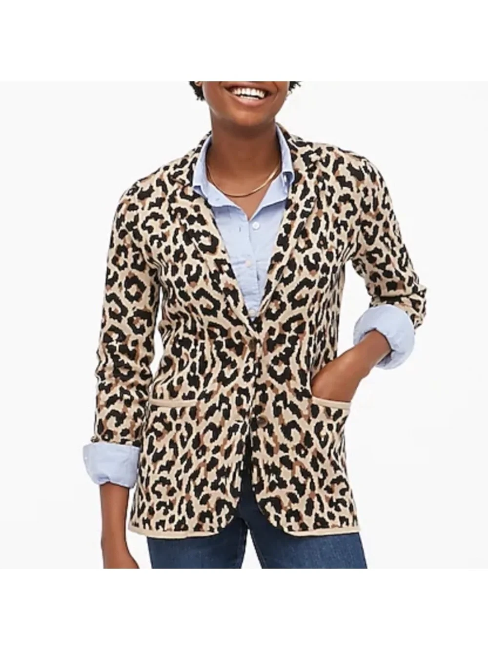 J CREW Leopard Sweater Blazer 100% Cotton 2-Button Size M